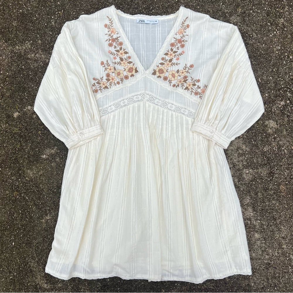 Zara Ivory Mini Dress with Peach Floral Embroidery